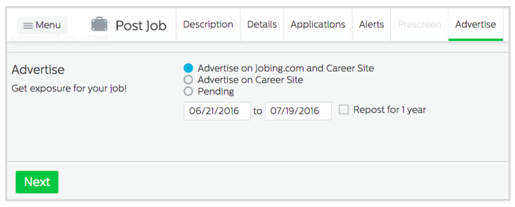 Recruiting.com CRM: Advertise jobs section